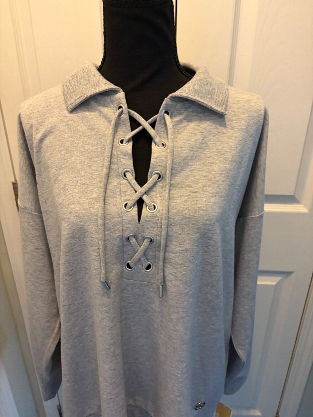 Michael Kors Top 1X Women's Gray Lace-Up Collared Knit Long Sleeve NWT